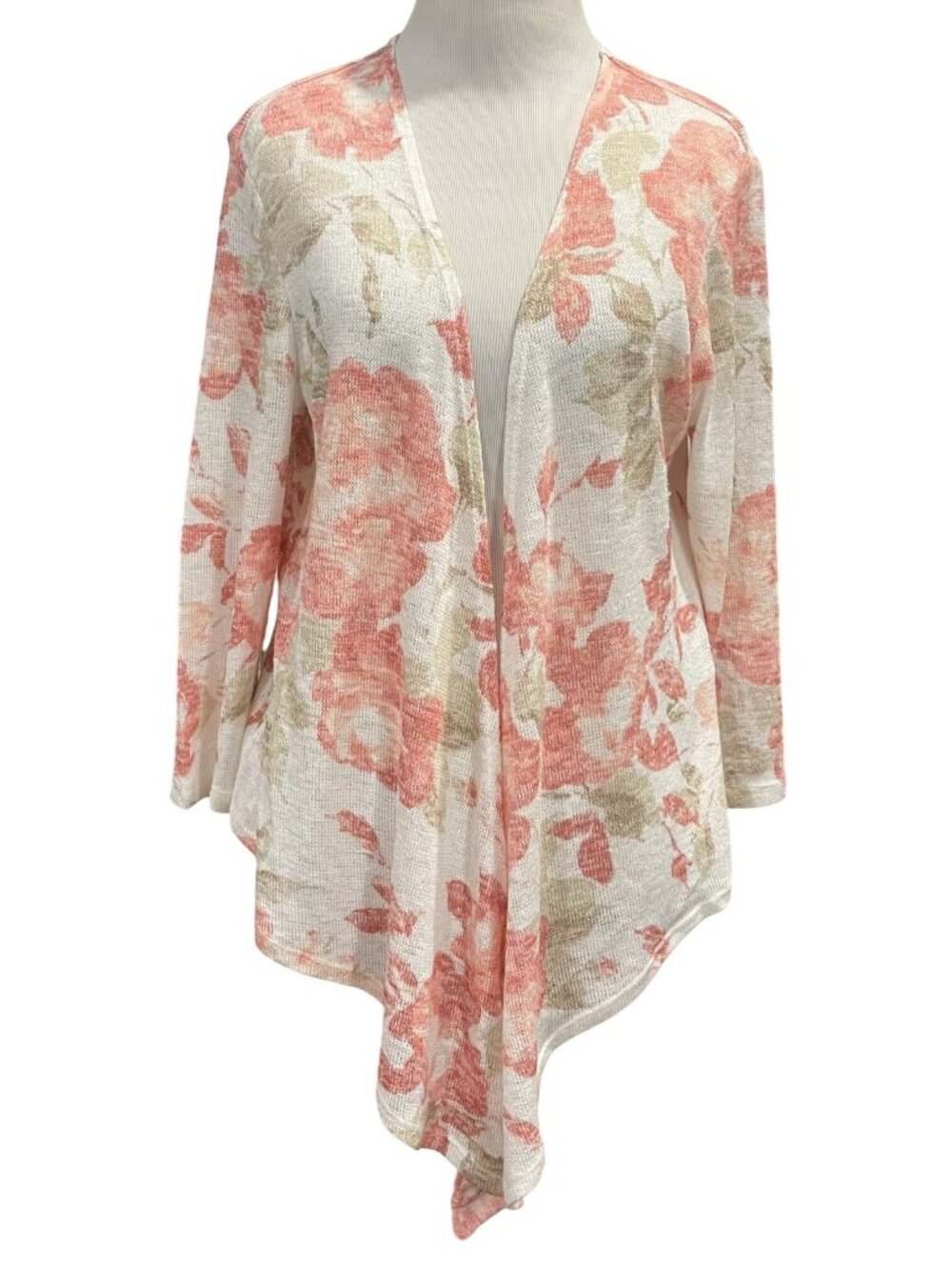 Ruby Rd Open Front Floral Drape Cardigan M Peach Casual Romantic Feminine Brunch